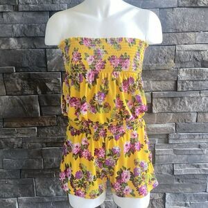 Floral Smocked Strapless Romper Swimsuit Cover‎ Up Beach Hawaiian Tropical Small